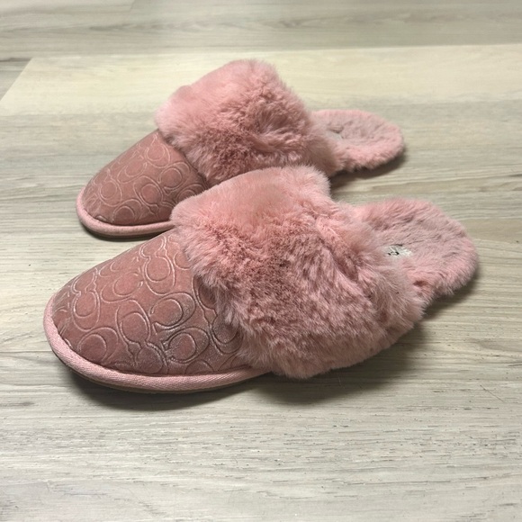 Coach Slippers Signature Suede Sherpa Slip On Mule Pink Women 8 Cozy Fuzzy Soft - Picture 3 of 11
